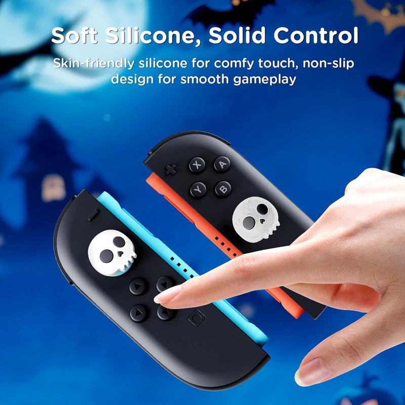 Jemdo Thumb Grips Compatible with Nintendo Switch 2 (2025) – 4pcs White/Glitter Skull Design Silicone Joystick Caps, Comfortable Controller Stick Cover Gifts for Kids & Gamers - Image 2